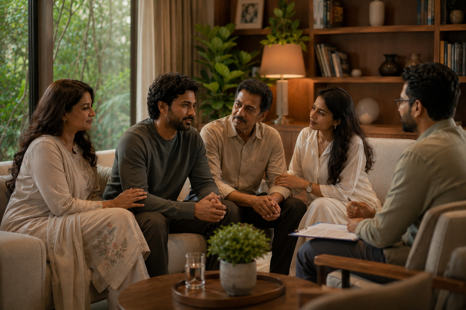 An Indian couple in a family therapy session at SimranShri with a counsellor