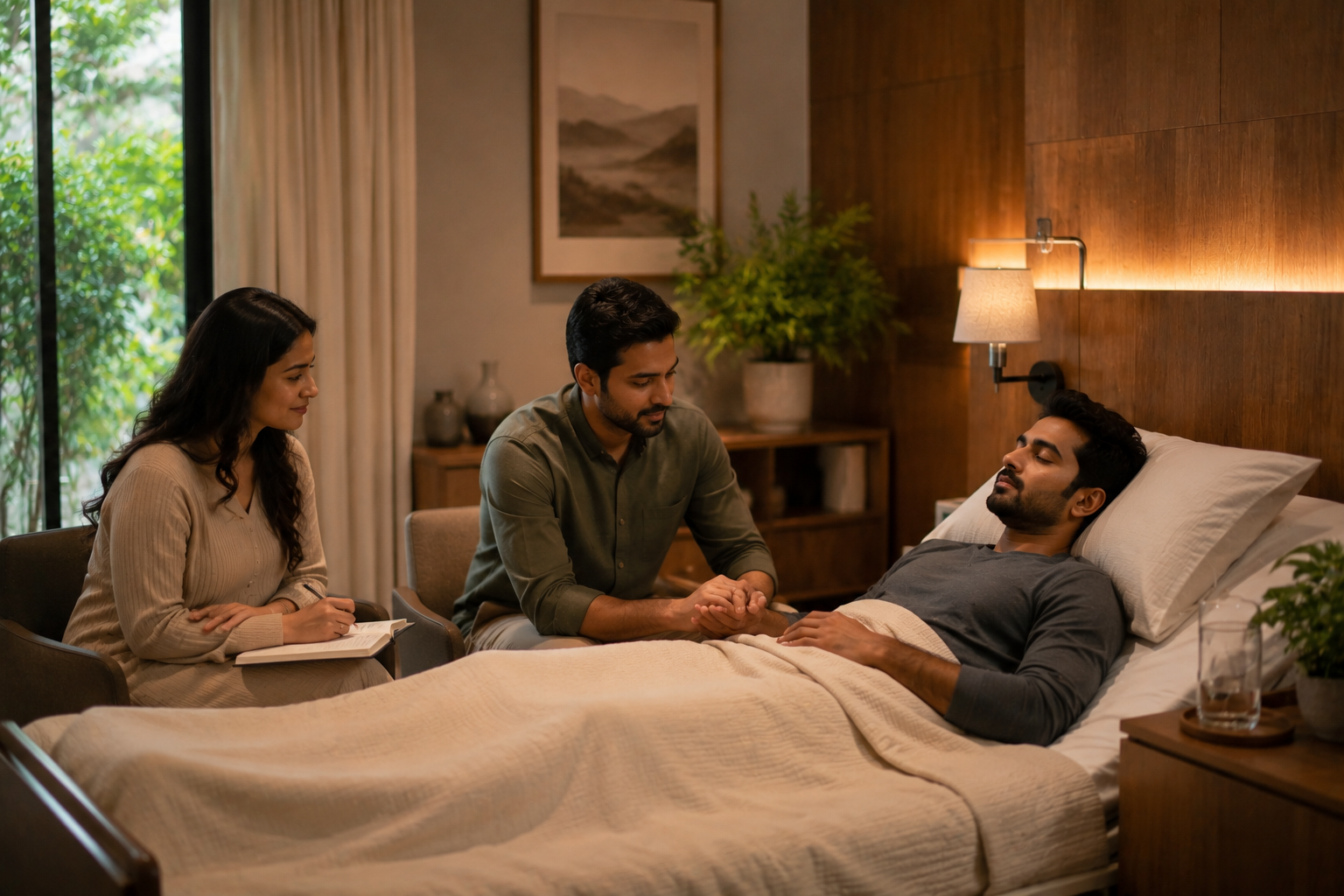 An Indian patient resting under clinically supervised withdrawal support care at SimranShri
